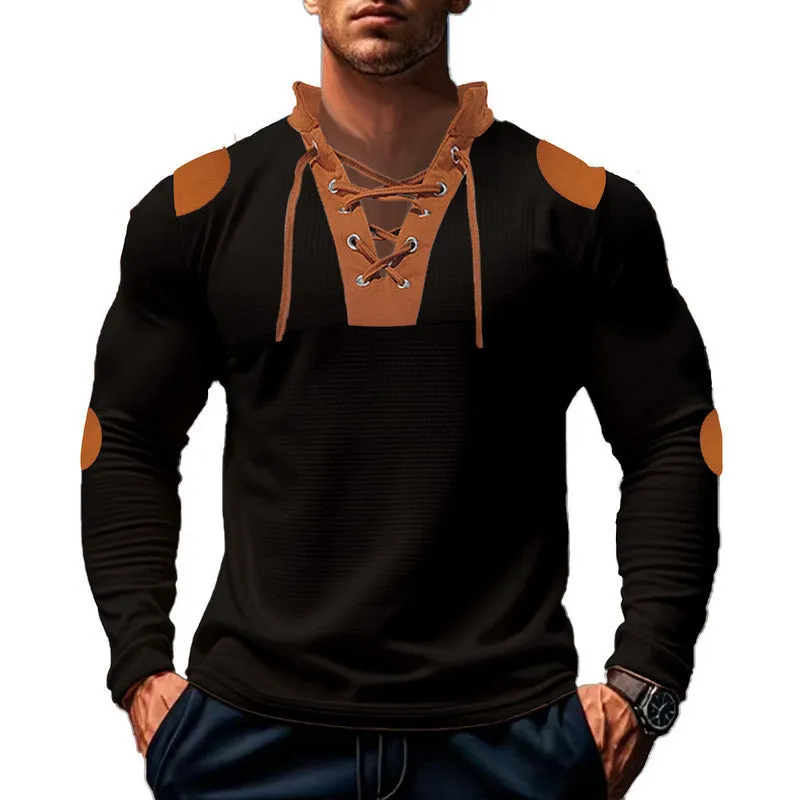 WAFFLE WESTERN DENIM HENLEY SHIRT LONG SLEEVE STAND UP COLLAR EMBROIDERED T-SHIRT