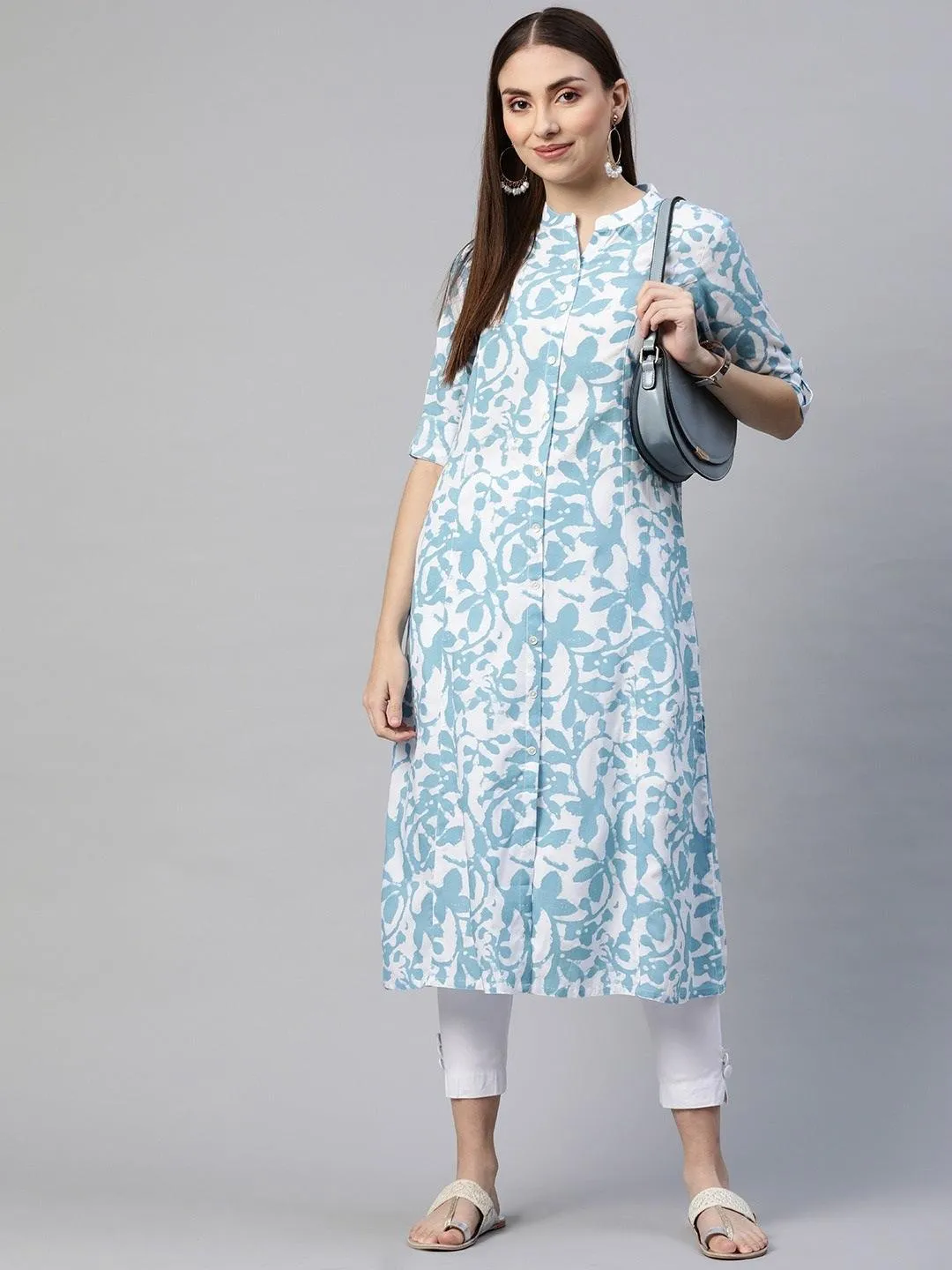 White Blue Cotton A-Line Kurta