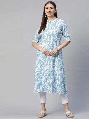 White Blue Cotton A-Line Kurta