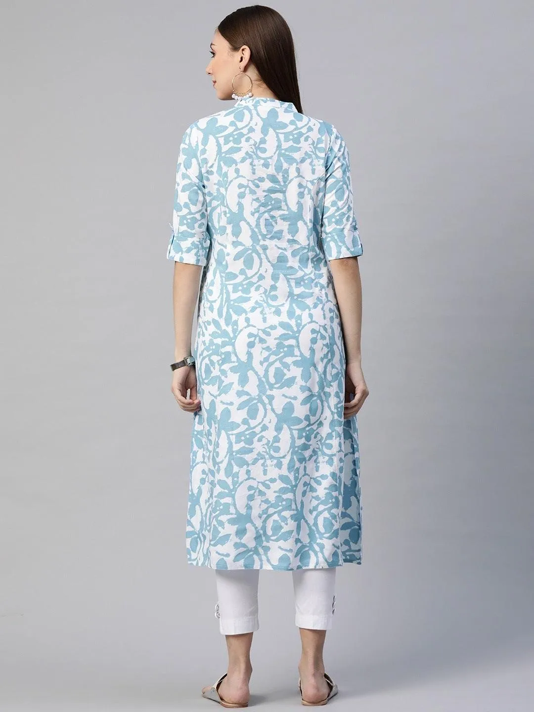 White Blue Cotton A-Line Kurta