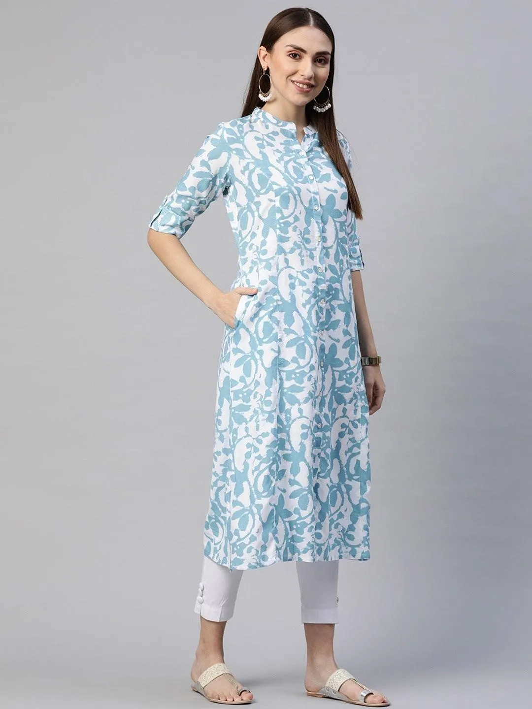 White Blue Cotton A-Line Kurta