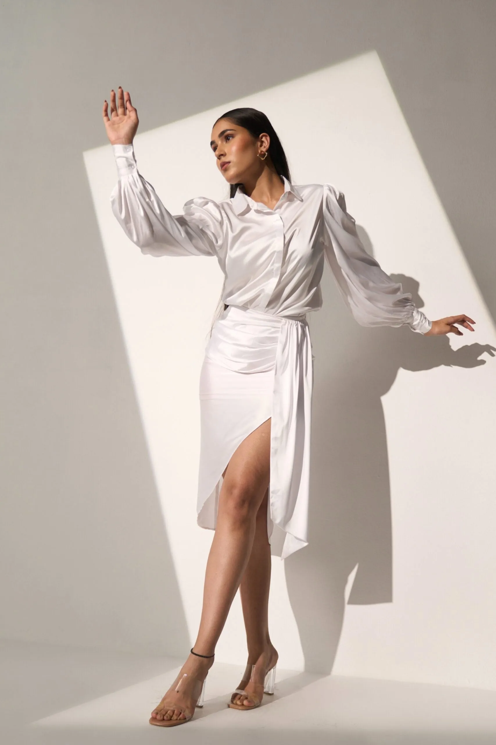 White Women's Evening Satin shirt with skirt Co-ord set