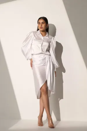 White Women's Evening Satin shirt with skirt Co-ord set