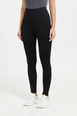 Women Black Ponte Legging With Biker Details