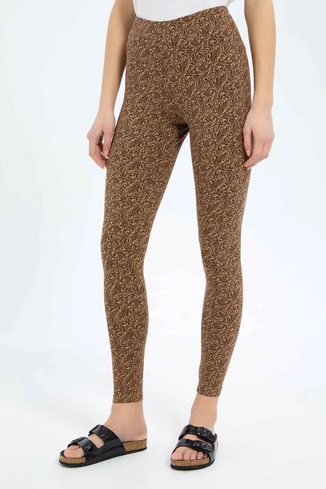 Women Brown Allover Print Skinny Leggings