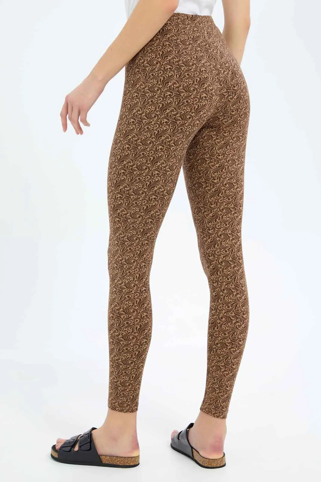 Women Brown Allover Print Skinny Leggings