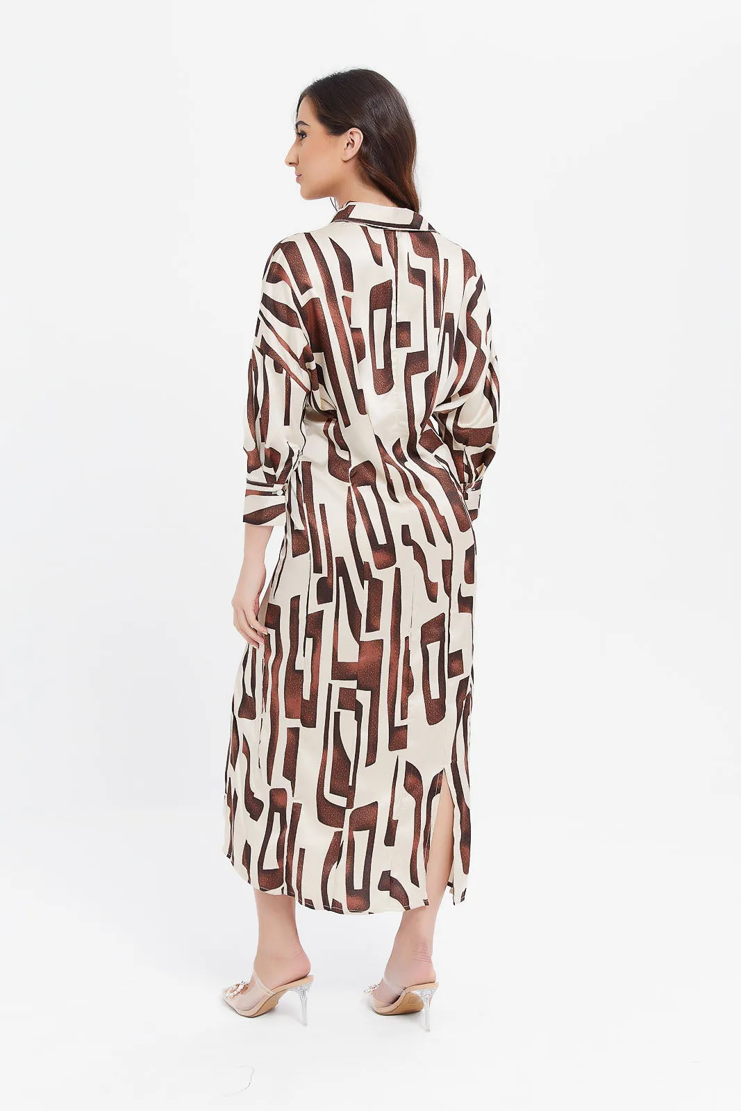 Women Cream And Brown Printed Collared Shirt Dress