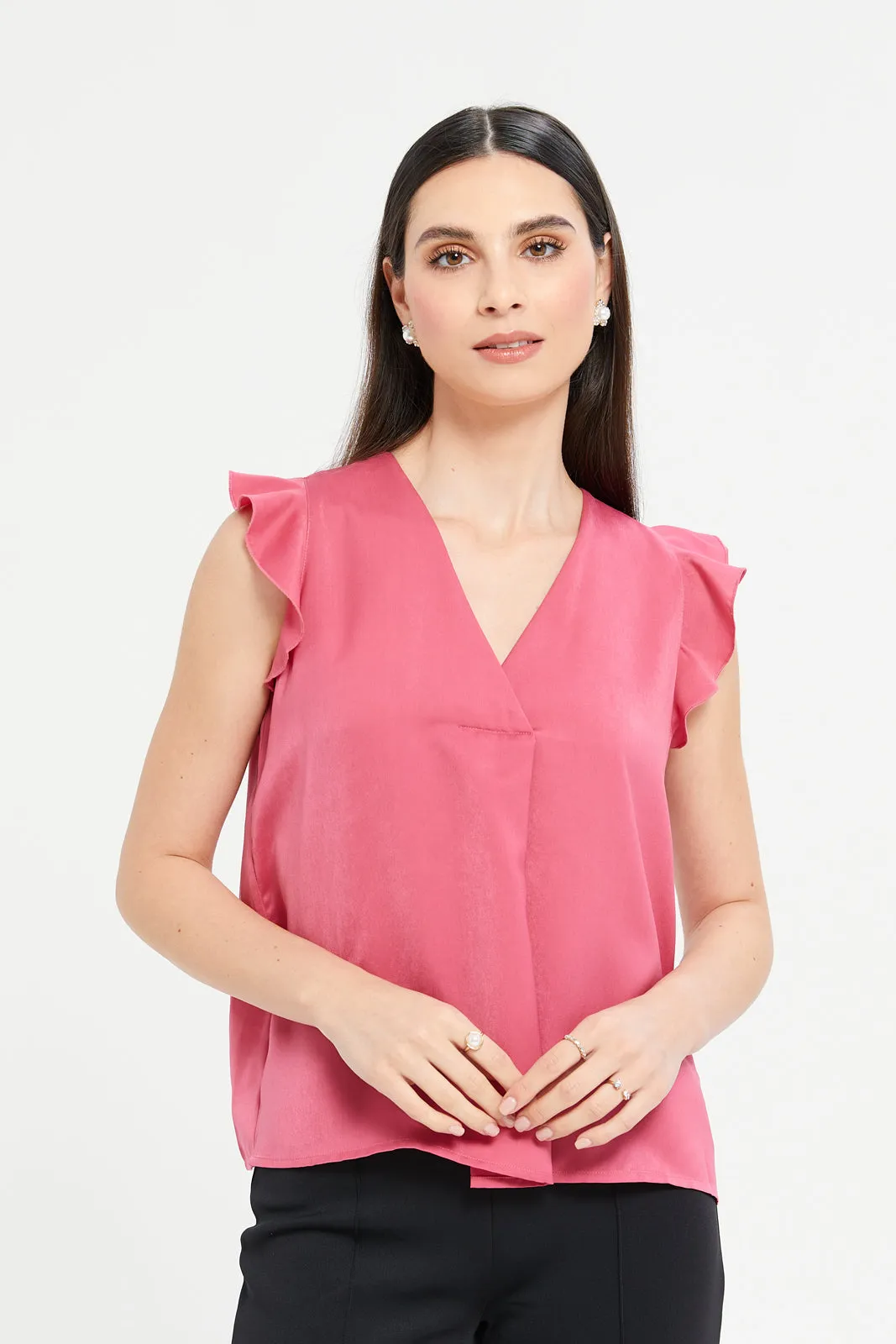 Women Fuchsia Pleat Detail Flowy Top With Flounce Sleeve