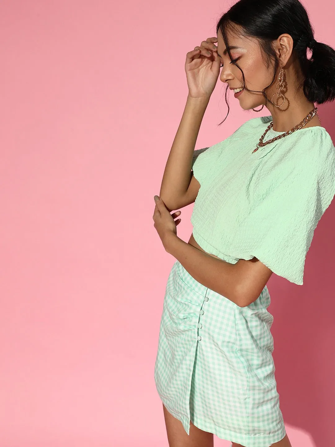 Women Mint Green Balloon Sleeve Boxy Crop Top