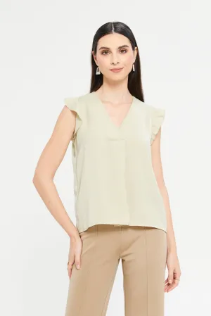 Women Mint Pleat Detail Flowy Top With Flounce Sleeve