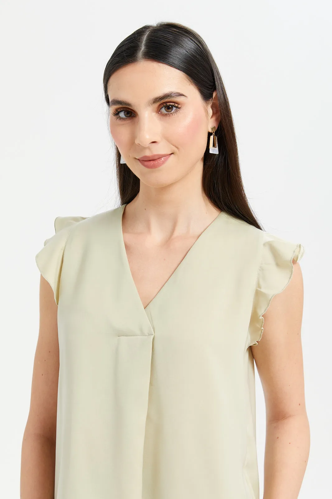 Women Mint Pleat Detail Flowy Top With Flounce Sleeve