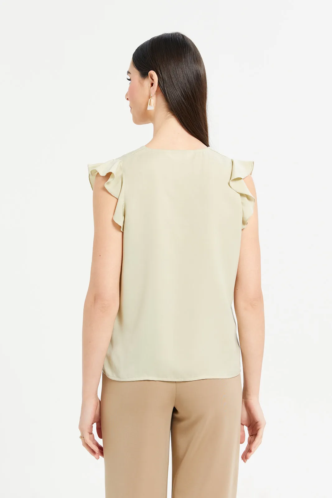 Women Mint Pleat Detail Flowy Top With Flounce Sleeve