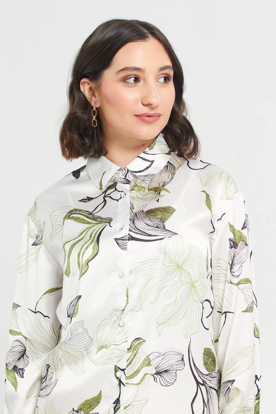 Women White Collared Printed Satin Shirt