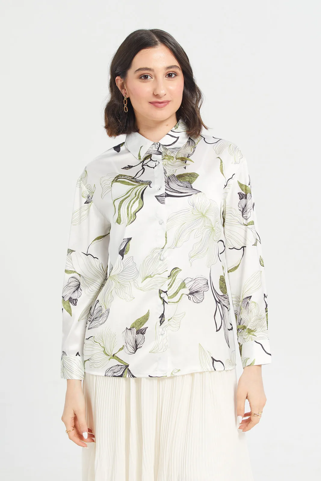 Women White Collared Printed Satin Shirt