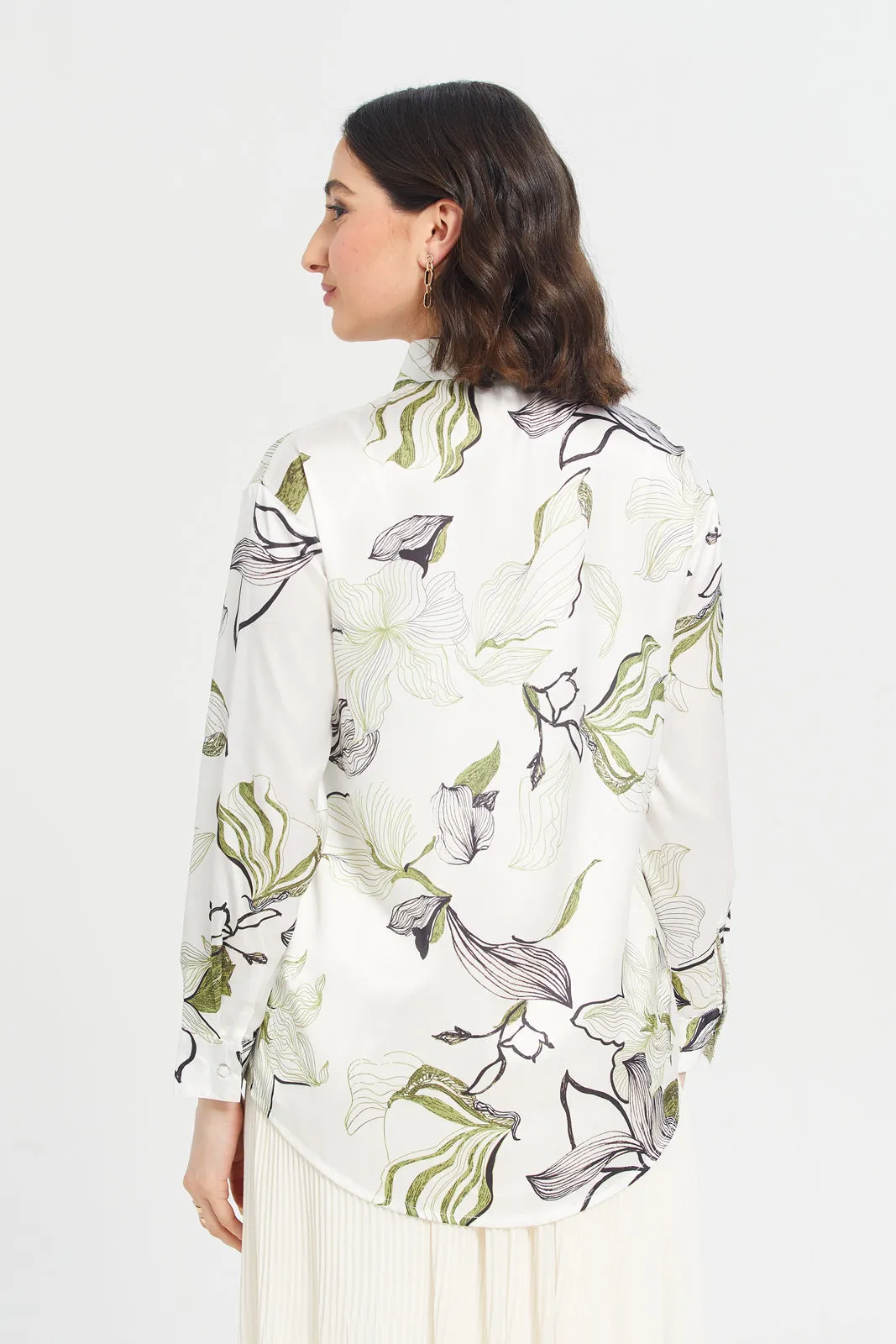 Women White Collared Printed Satin Shirt