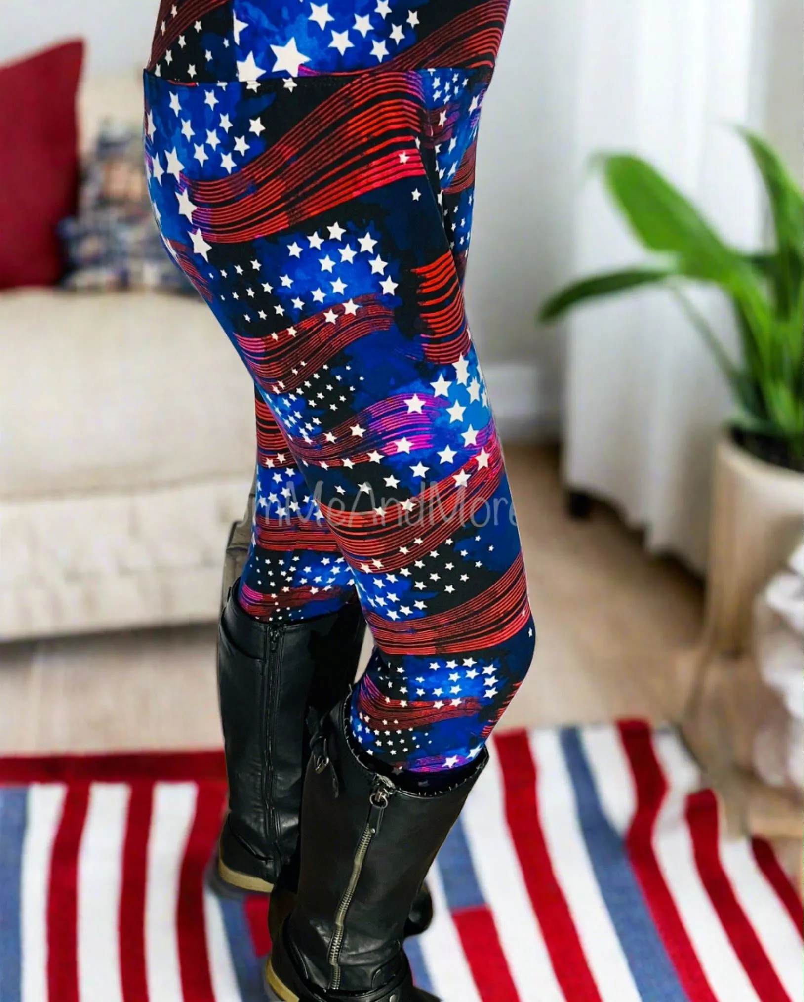 Womens American Flag Leggings, Patriotic 4th of July Pants, Sizes 18-22, No-Roll Waist, Red/White/Blue