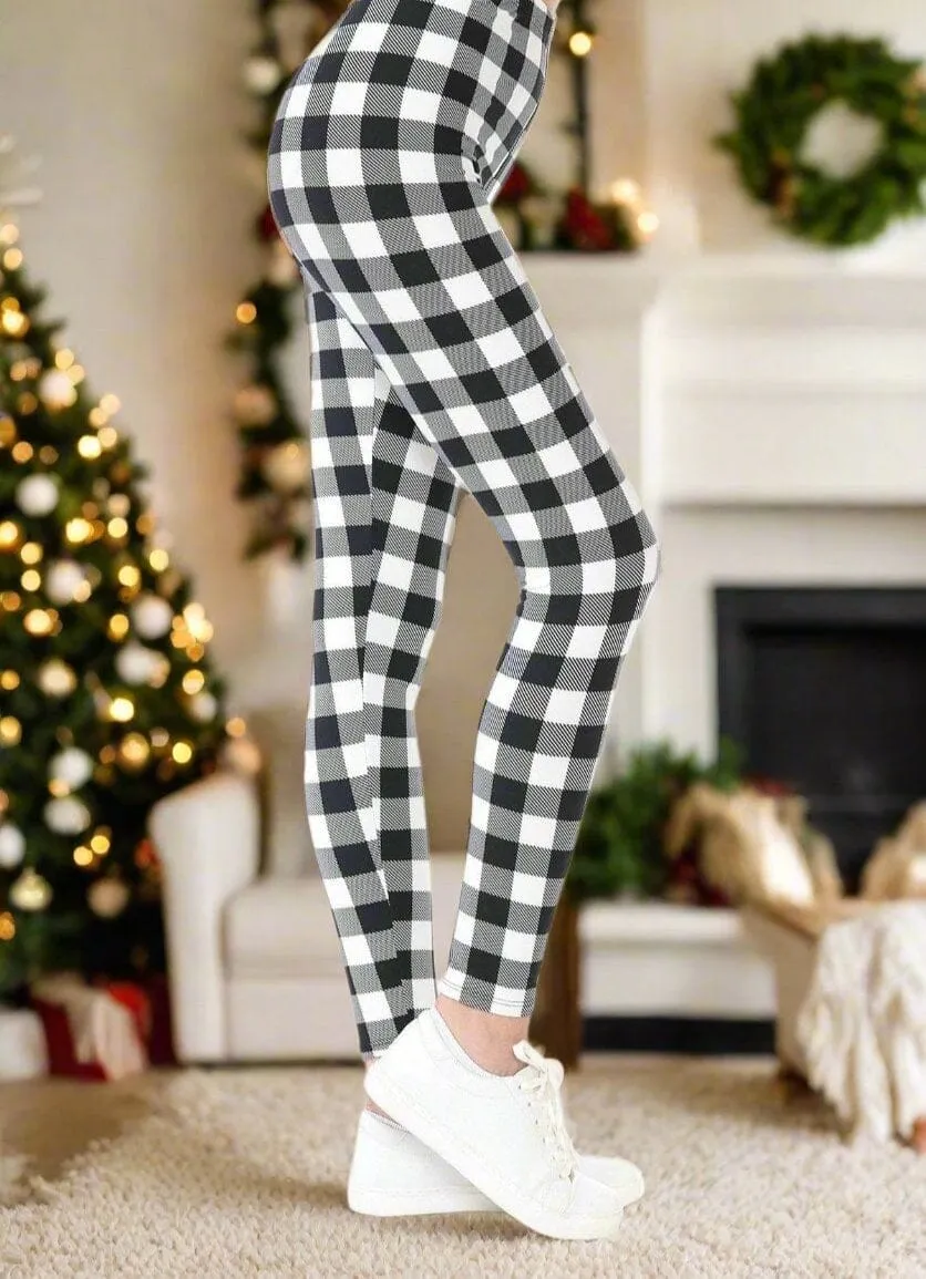 Womens Christmas Black White Plaid Leggings, Soft Yoga Pants, Sizes 18-22, No-Roll Waist, Black/White