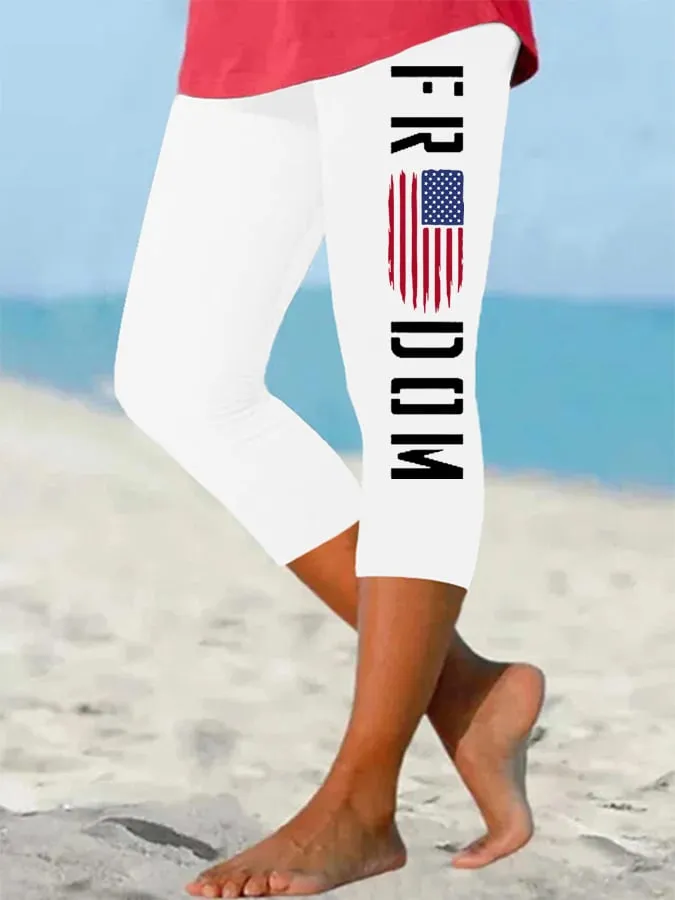 Women's Freedom American Flag Print Cropped Leggings