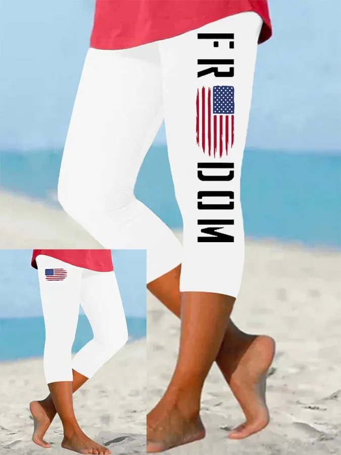 Women's Freedom American Flag Print Cropped Leggings